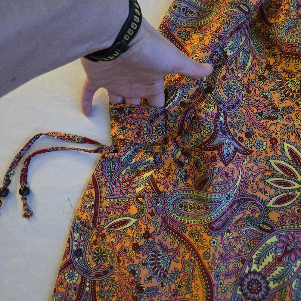 Orange Paisley Silk Wide Leg Boho Pants Elastic Waist Tassle Ties CW3 - Picture 11 of 11